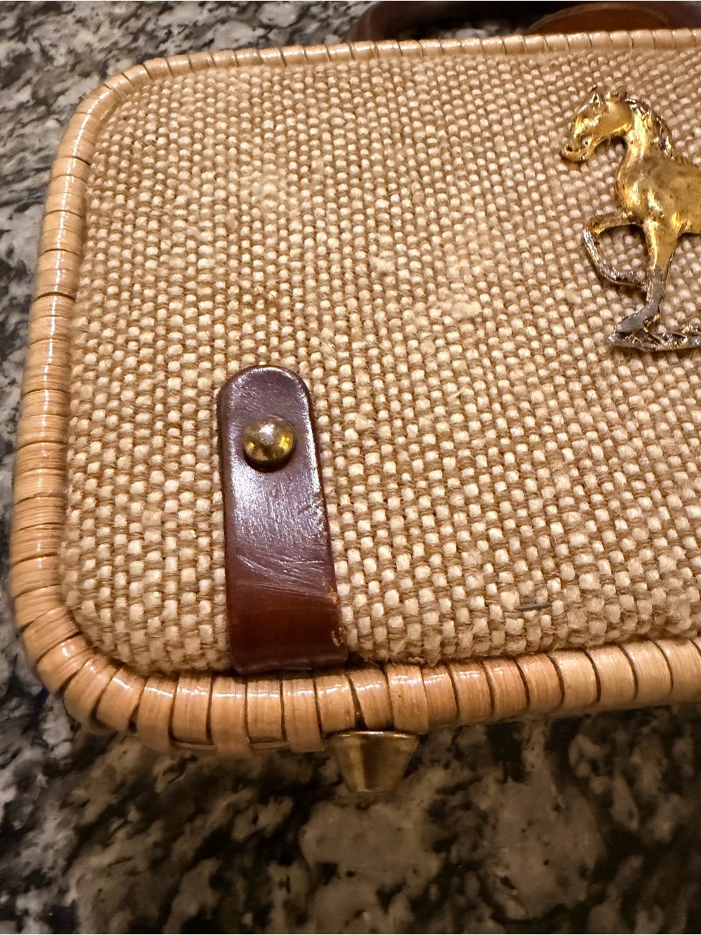 Vintage Western Natural Woven Top-Handle Bag with Gold Horse Accent - Picture 4 of 8